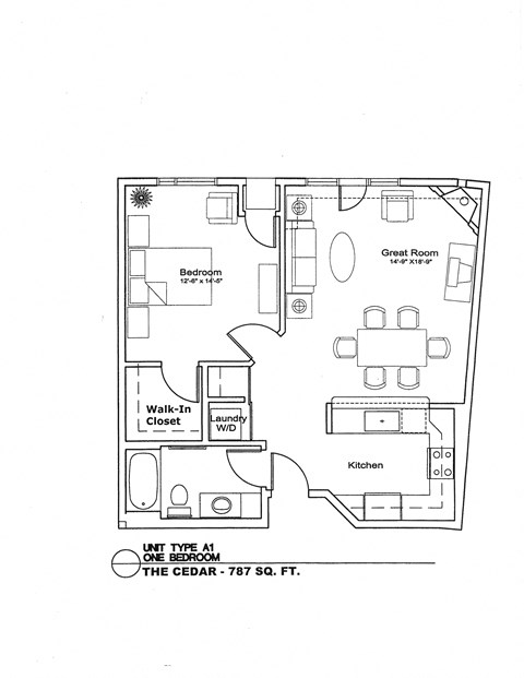 Floor plan for 1 bed, 1 bath, 787 sqft